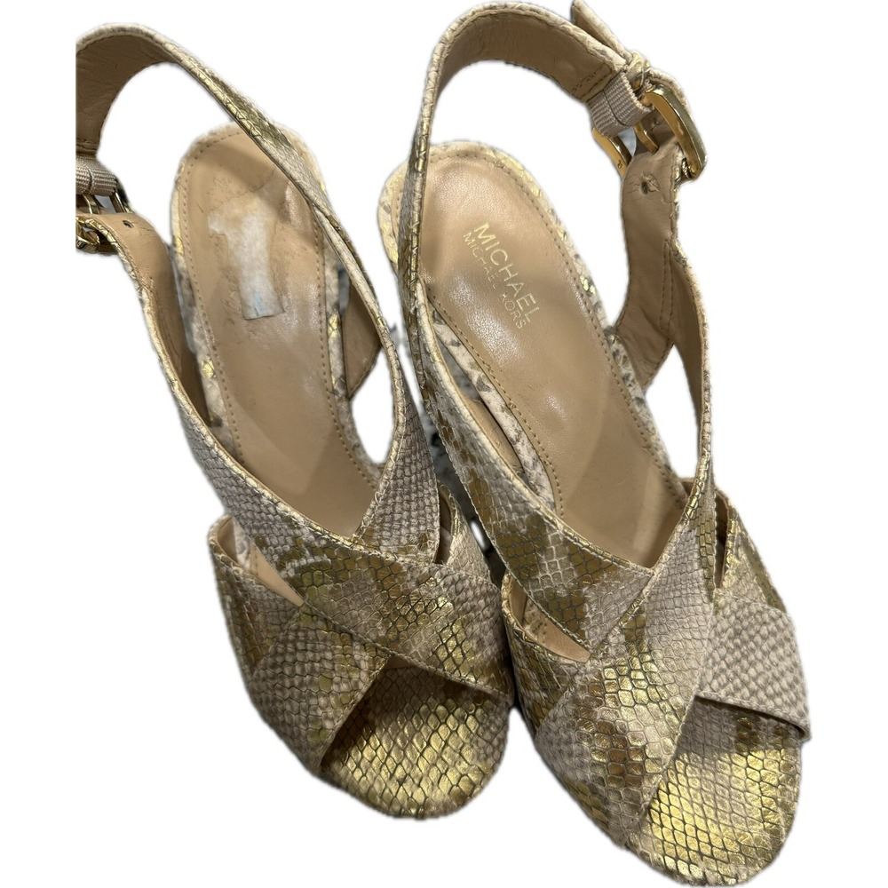 MK MICHAEL KORS Snake Print Gold Leather High Heel Sandals Women's Size 7